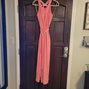 Rachel Rachel Roy Lined Maxi Dress Neon Pink Green Stripes POCKETS Tie Belt M
